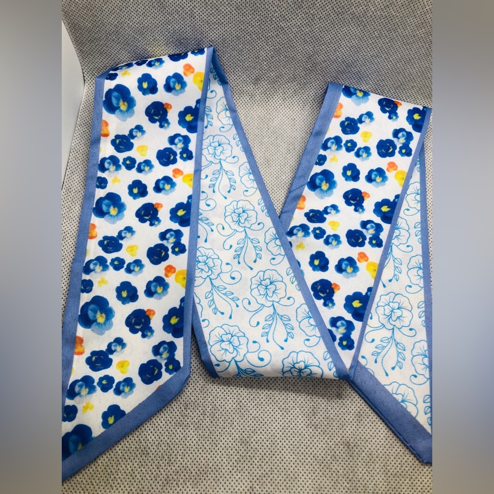 Blue Floral Skinny Scarf Wrap - Lightweight Women's Hair & Neck Tie